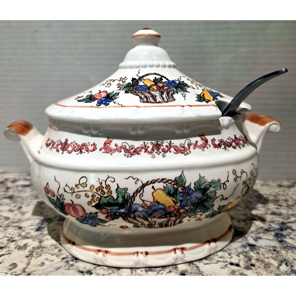 Vtg Ceramic Soup Tureen from Japan Features a Colorful Harvest Fruit Basket Moti